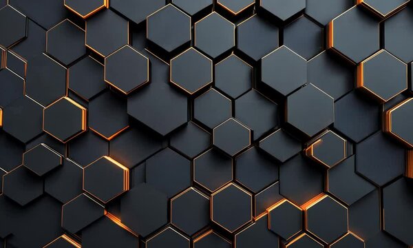 Abstract dark hexagon pattern with orange glowing edges.