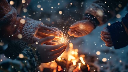 Closeup of familys hands over the fire