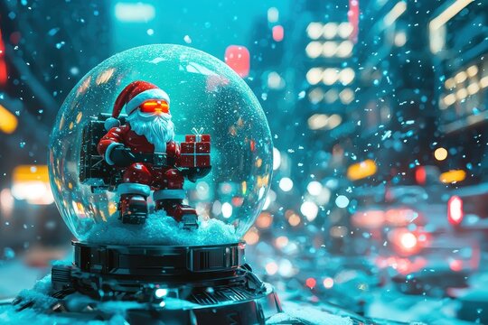Futuristic Holiday Snow Globe with Robotic Santa in Cyberpunk Cityscape - Powered by Adobe
