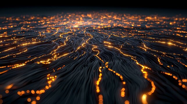 The image shows a dark, undulating surface textured with numerous thin, parallel lines.  These lines are illuminated intermittently by bright orange-yellow glowing points of light, creating a flowing