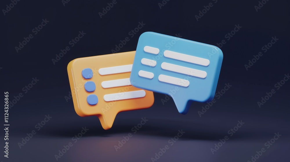 Poster 3d render of two speech bubbles, one orange and one blue, representing communication or messaging.
