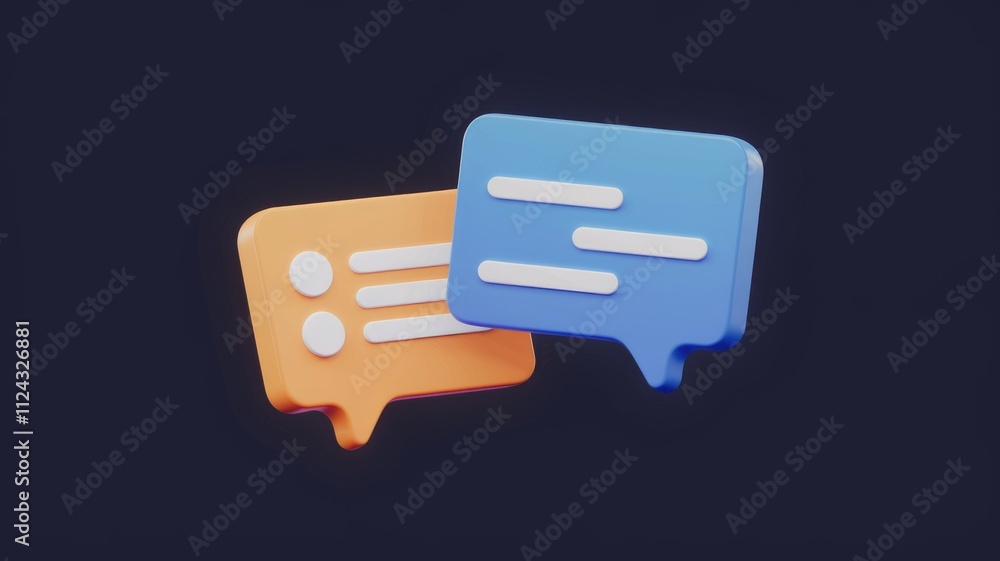 Poster 3D rendered image of two speech bubbles, one orange and one blue, symbolizing communication and messaging.