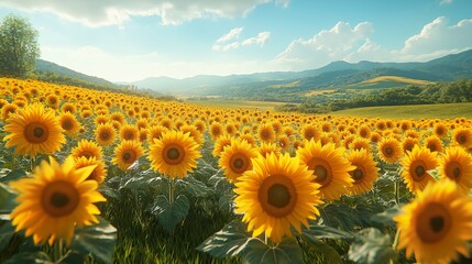 Fototapeta premium Endless Field of Bright Yellow Sunflowers Under Blue Sky, Radiating Joy and Warmth in Summer Countryside