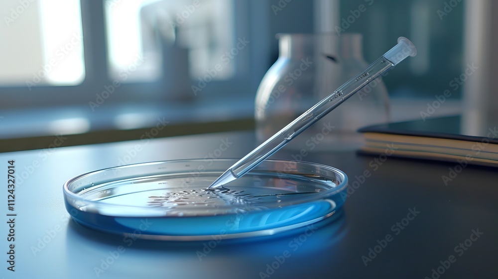 Poster scientist using pipette to transfer liquid into petri dish in modern laboratory setting for biologic