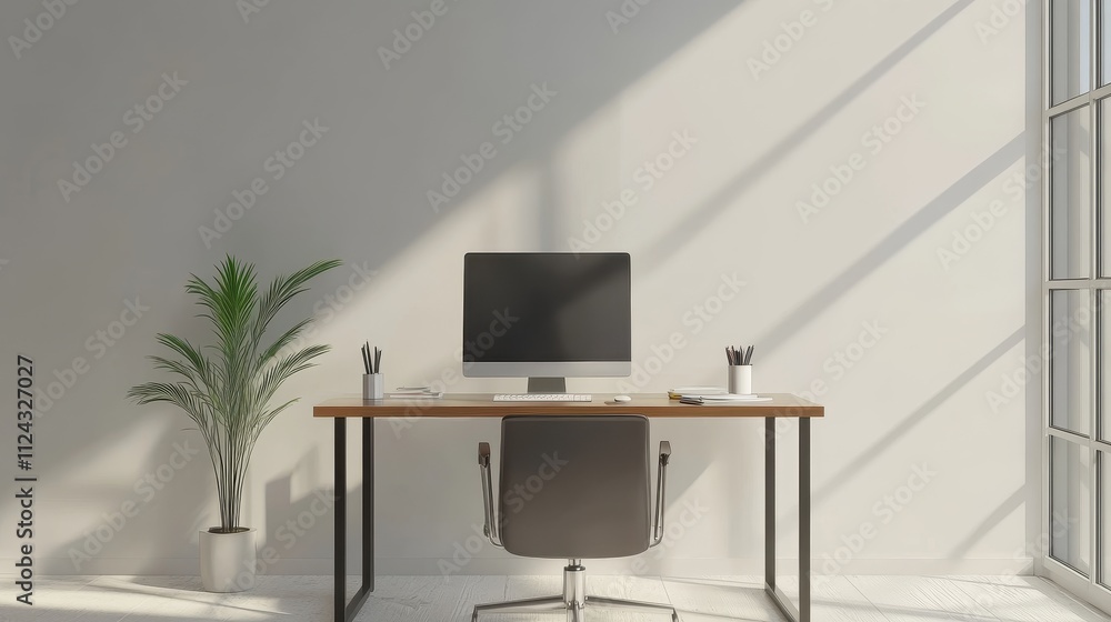Poster minimalist and modern home office with computer setup
