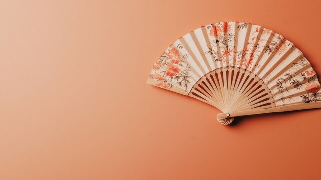 Handheld Floral Fan on Peach Background,  Simple Minimalist Aesthetic