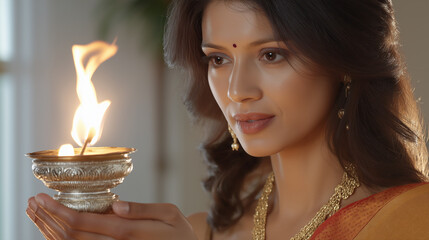 Indian woman carefully presenting a burning lamp during ceremony