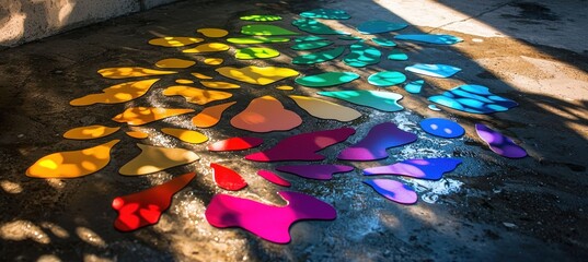 Colorful Die Cut Stickers Display on Concrete Floor with Dramatic Lighting for Creative Designs