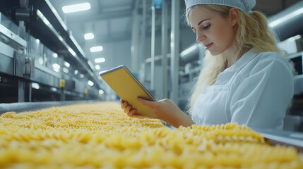 Female worker inspecting pasta production line using tablet.