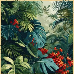 Abstract Tropical Illustration in Muted Colors with Geometric Shapes