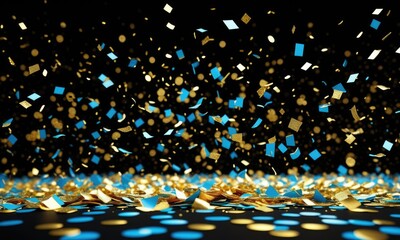 Fototapeta premium Vibrant confetti explosion with gold and blue particles on black background