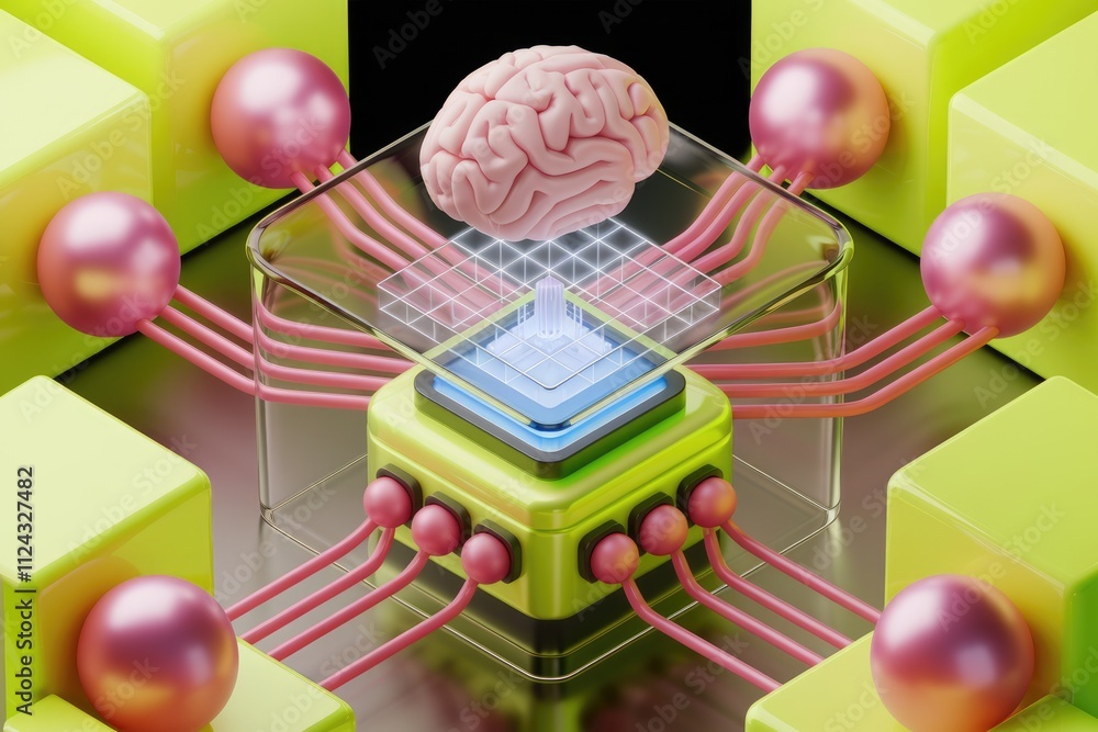 Aufkleber A 3D rendering of a brain connected to a central processing unit, showcasing the concept of AI and neural networks.