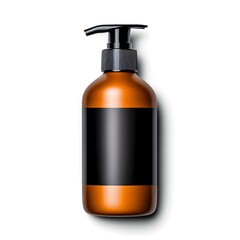 Fototapeta premium Amber Bottle Mockup: A sleek, amber-colored bottle with a black pump and label, isolated against a pristine background. Perfect for showcasing your skincare, haircare.