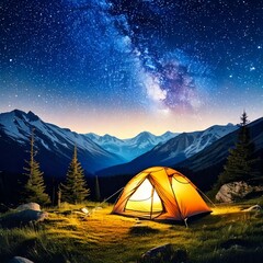 Illustration of a mountain campsite with a glowing tent under a starry watercolor sky