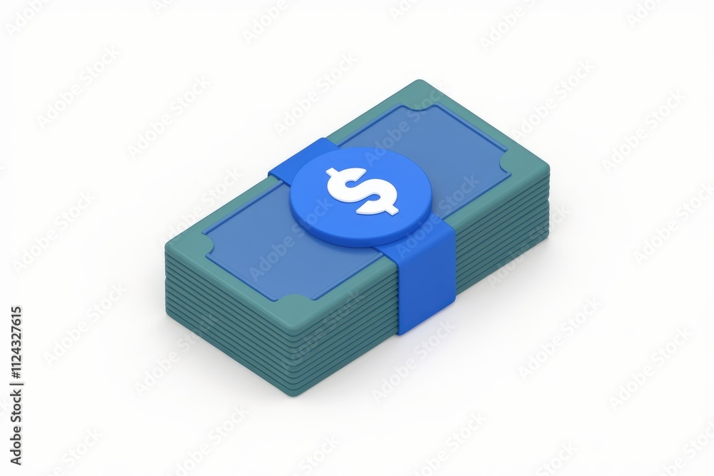 Poster a 3d render of a stack of money bundled with a blue band and dollar sign.