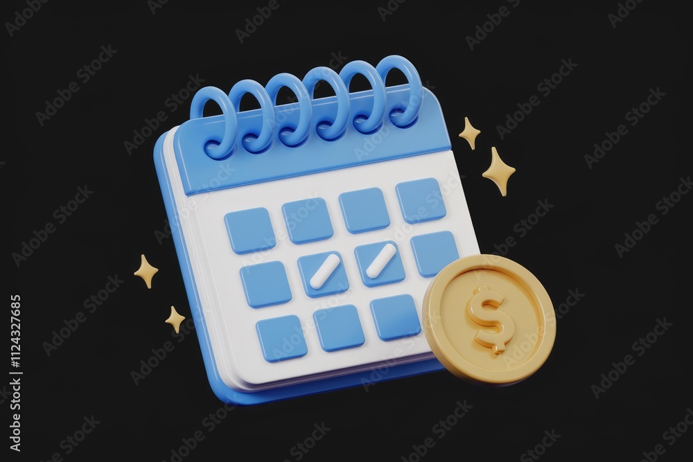 Poster 3d rendering of a calendar with dollar coin, symbolizing scheduled payments or financial planning.