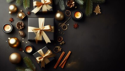 Festive Background with Black Presents - Wallpaper with space for copy - Giftboxes and Decoration - Christmas luxury themed - Confetti, Ribbons, Stars and Ornaments - Black Friday