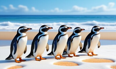 Obraz premium Five penguins standing on sunny beach with ocean waves