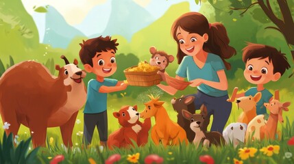 Obraz premium Family visiting a petting zoo children fee
