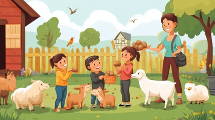Fototapeta premium Family visiting a petting zoo children fee