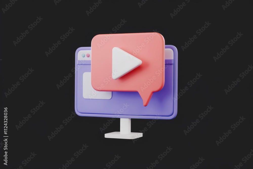 Poster 3D render of a computer screen with a play button in a speech bubble indicating online video content.