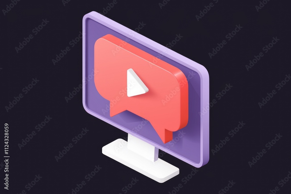 Poster 3D isometric illustration of a computer screen displaying a video message.