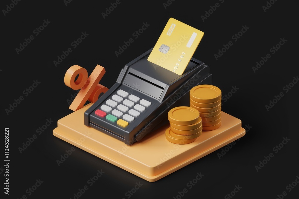 Poster credit card payment processing with discount, showing coins and percentage sign.