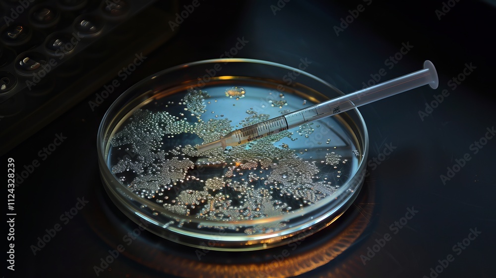 Poster scientist using pipette to transfer liquid into petri dish in modern laboratory setting for biologic