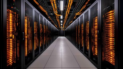 Fototapeta premium The image shows a long corridor in a server room, lined on both sides with rows of brightly lit server racks. Numerous orange-glowing lights within the server racks illuminate the space, creating a