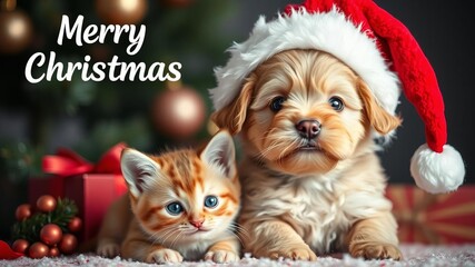 Two happy small pets, a kitten and a puppy, sit together in a festive red Santa hat, wishing everyone a Merry Christmas and Happy New Year, puppy, Happy New Year