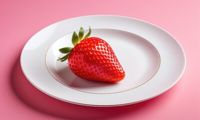 Single strawberry on white plate against pink background: fresh minimalist design