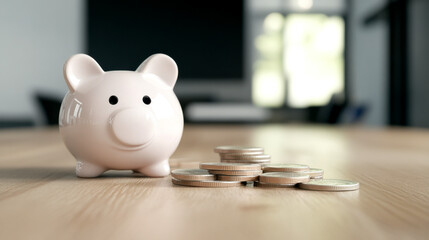 A cute piggy bank sits beside scattered coins on a wooden surface, symbolizing saving and financial management.