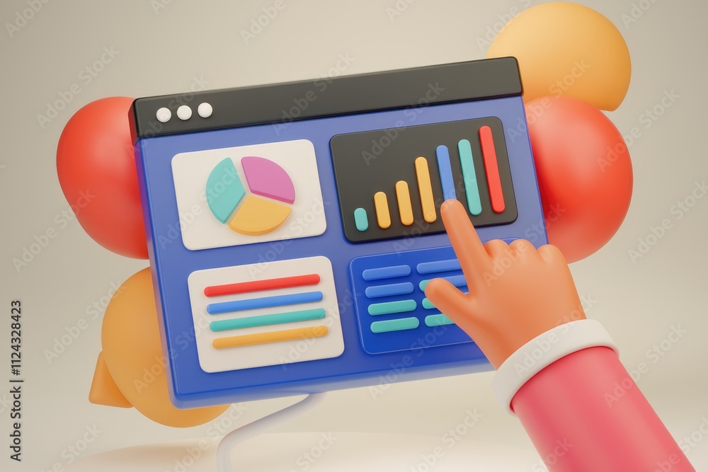 Fototapete A 3D illustration of a hand interacting with a data dashboard showing charts and graphs, representing data analysis and visualization.