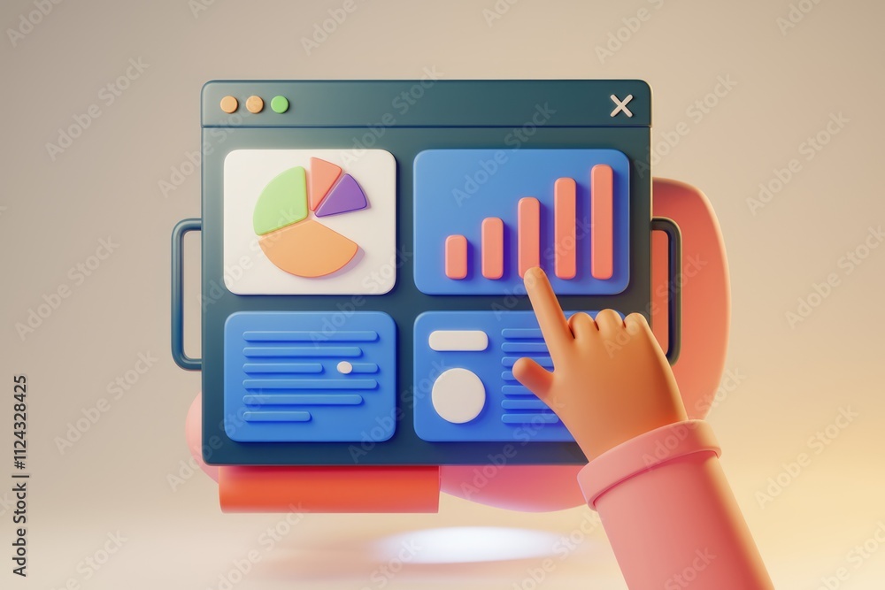Aufkleber A 3D hand interacts with a dashboard displaying pie charts and bar graphs, illustrating data analysis.