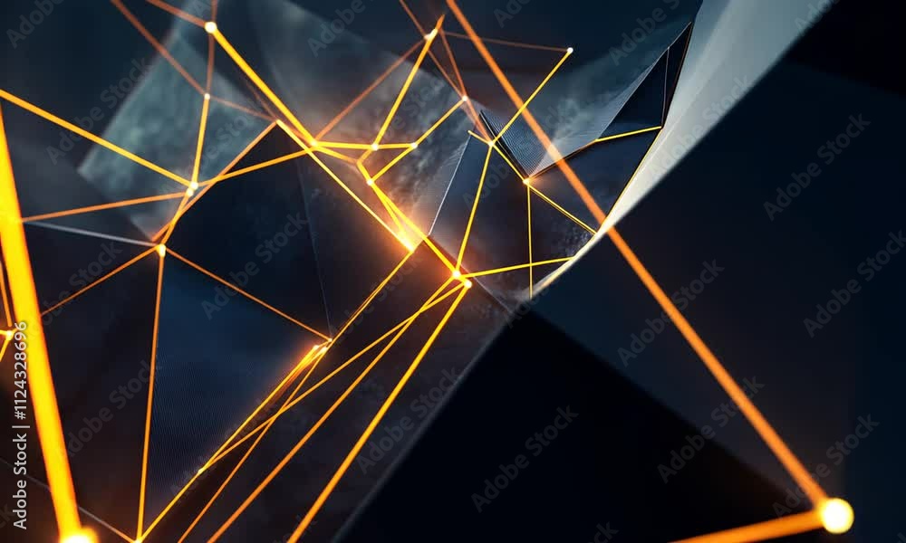 Poster abstract glowing orange lines connecting points on dark geometric shapes.