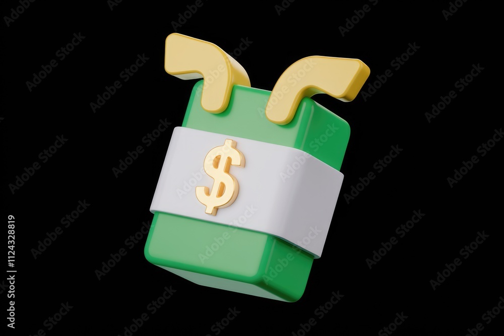 Poster 3d rendering of a green money stack with golden dollar sign and upward arrows, symbolizing financial
