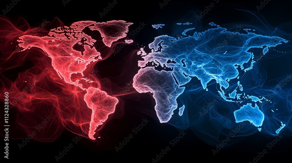 Poster the image contains a stylized world map, split into two halves. the americas are depicted in a red, 