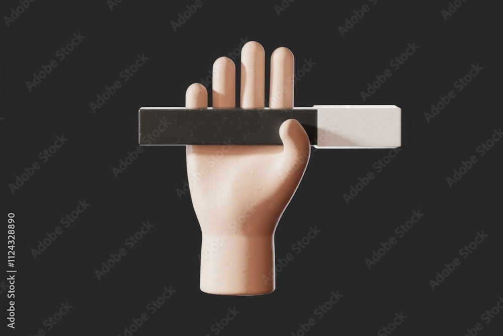 Poster A 3D rendered image of a hand holding a black and white rectangular object.