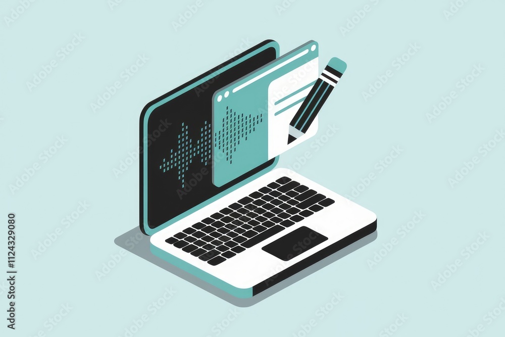 Poster Laptop screen displays a sound wave and a notepad with a pencil, symbolizing audio editing or content creation.