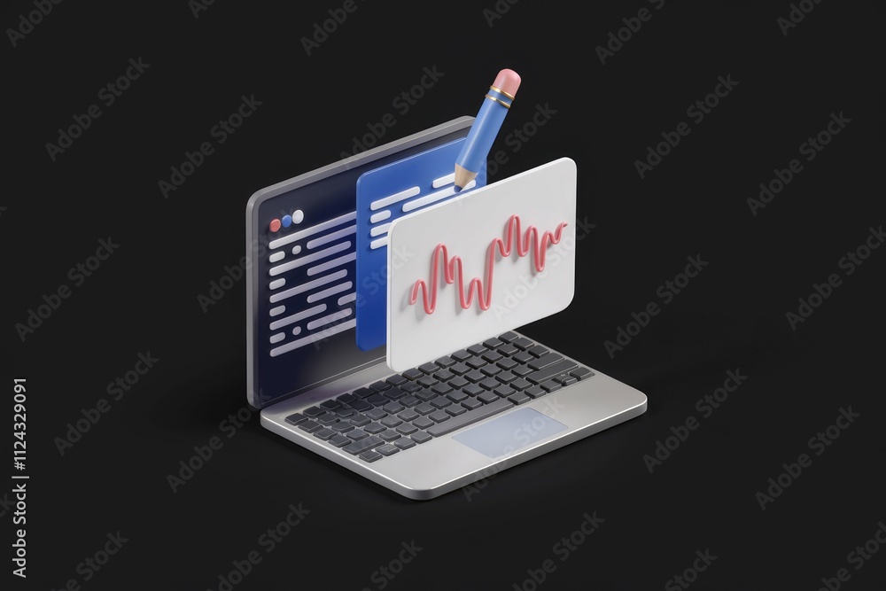 Fototapete laptop screen displaying a document being edited with a pencil, showcasing content creation.