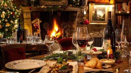 Fototapeta premium Cozy Christmas DinnerScene, Dining Table bathed in Warm Ambient Lighting, Piled with Sumptuous Fare, Fireplace Crackle Adding to Intimate Ambiance. 