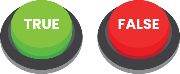 True false button icon set. True green button icon. False red button icon. Simple flat style