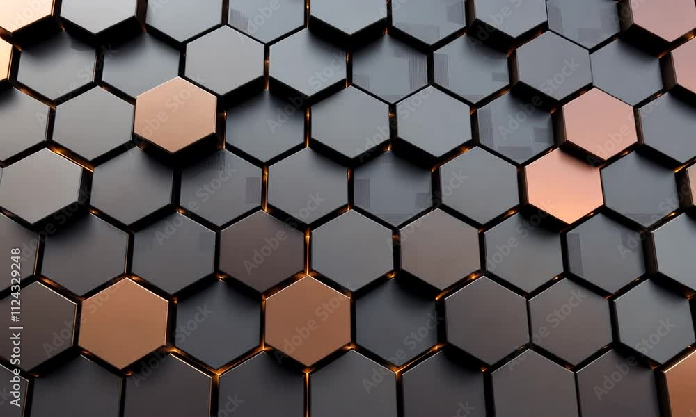 Poster abstract hexagon pattern with dark and copper tones, illuminated from below.