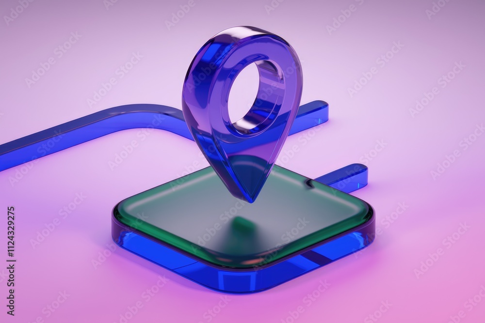 Poster a 3d rendering of a glass location pin on a green platform with blue accents.