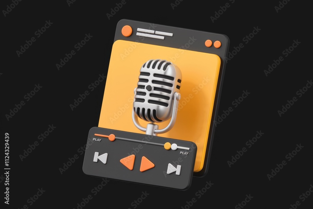 Poster Retro microphone on a music player app interface, symbolizing podcasting or audio streaming.