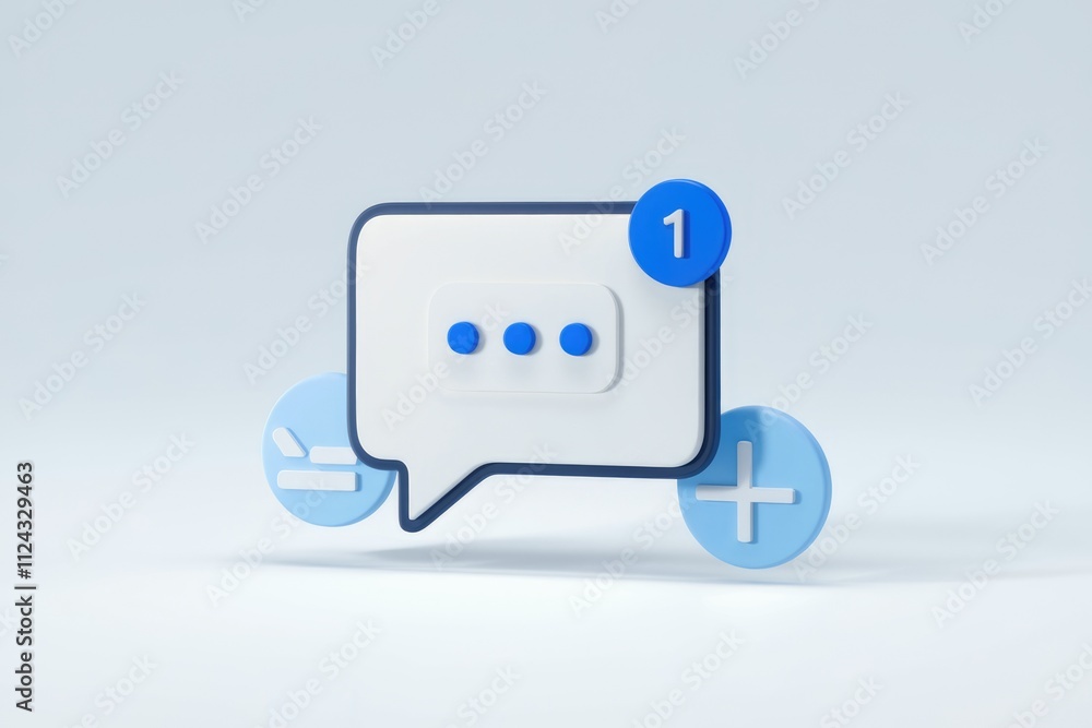 Leinwandbilder 3D render of a chat bubble with one unread message notification, plus and minus buttons.