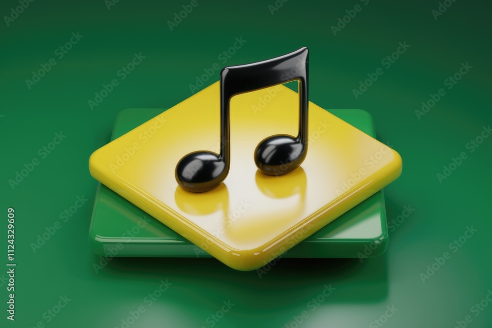 Poster a 3d rendering of a black musical note on yellow and green platforms.