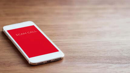 Spam call protection concept , Smartphone with a red screen resting on a wooden table.