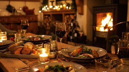 Fototapeta premium Cozy Christmas DinnerScene, Dining Table bathed in Warm Ambient Lighting, Piled with Sumptuous Fare, Fireplace Crackle Adding to Intimate Ambiance. 