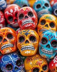 Colorful day of the dead skulls display mexican market cultural art vibrant atmosphere